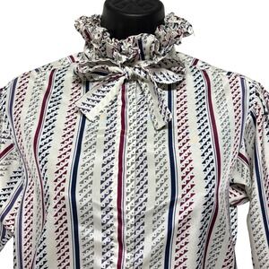 Vintage Evan Picone Bow Blouse Size 10 Geometric Ruffle Secretary Retro 80s